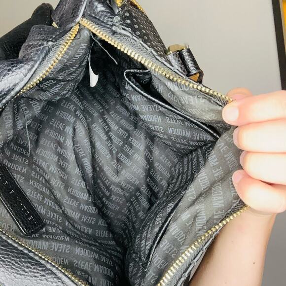 STEVE MADDEN Women's Black Embossed Faux Leather Gold Accent Handbag Purse - Picture 4 of 12